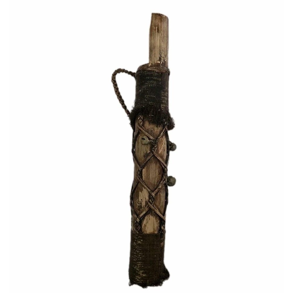 Vtg Primitive Bamboo Rattan Water Flask‎ Or Quiver w/  Tribal Brass Bells